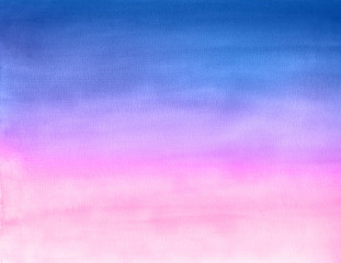 Abstract watercolor background. Color gradient pink and blue splashing in the textured paper. Hand drawn wallpaper