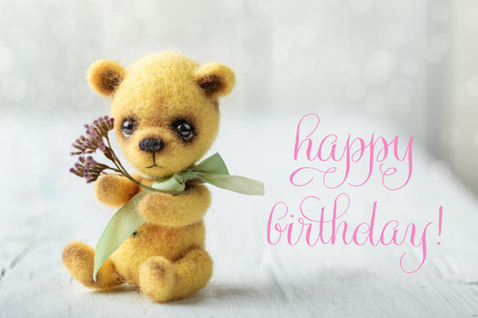 Teddy bear, text Happy Birthday. Card, banner, poster.