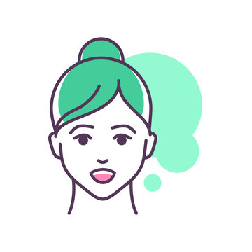Human feeling admiration line color icon. Face of a young girl depicting emotion sketch element. Cute character on green background. Outline vector illustration