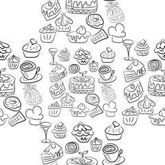 Hand drawn sweets and candies pattern. doodles. Isolated food on white background. Seamless texture.