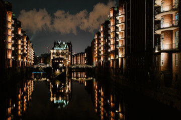 Fototapeta na wymiar Hamburg city, famous Speicherstadt district at night