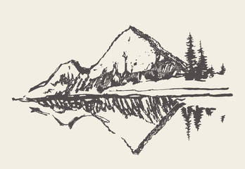 Two mountains spruce forest and lake vector sketch