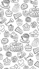 Sweet doodle pattern with cupcakes, cakes, candies and cones. hand drawn seamless pattern.