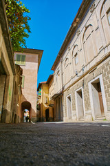 Empty Street in the Italian town Fossano in Province Cuneo, Region Piedmont, northern Italy.