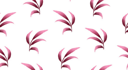 Fototapeta na wymiar Pink fern leaves gouache painted seamless pattern for spring and summer