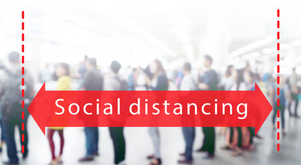 Social distancing with many people on queue line in airport or bus station.covid-19  virus...