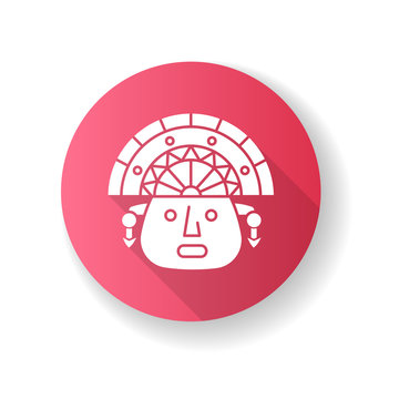 The Incas pink flat design long shadow glyph icon. Man face in traditional inca headdress. Ancient south american idol head. Hispanic god. Peruvian culture. Silhouette RGB color illustration