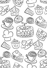 Sweet doodle pattern with cupcakes, cakes, candies and cones. hand drawn seamless pattern.