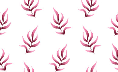 Pink fern leaves gouache painted seamless pattern for spring and summer