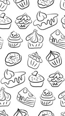 Hand drawn sweets and candies pattern. doodles. Isolated food on white background. Seamless texture.