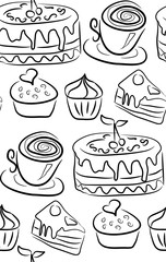Sweet doodle pattern with cupcakes, cakes, candies and cones. hand drawn seamless pattern.