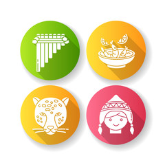 Peru flat design long shadow glyph icons set. Peruvian art, cuisine, animal world, costume. Siku, ceviche, jaguar, chullo hat. Customs of andean culture. Silhouette RGB color illustration