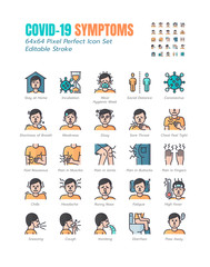 Simple Set of Covid-19 Symptoms Filled Outline Icons. such Icons as Cough, Sore Throat, Vomiting, Social Distance, Coronavirus, Stay at Home, Incubation etc. 64x64 Pixel Perfect. Editable Stroke.