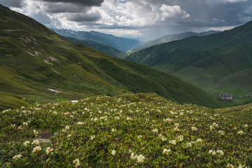 Fototapeta na wymiar Summer season in Ushguli village surrounded by Caucasus mountain, Svaneti region in Georgia
