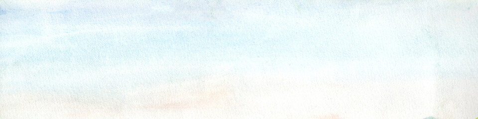 Hand drawn illustration light sky blue and light yellow watercolor background. Aquarelle paint paper textured canvas element for text design, greeting card, template. 