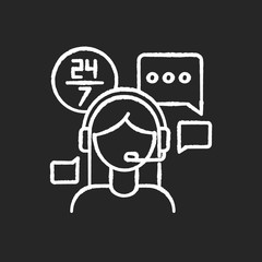Customer service jobs chalk white icon on black background. Call centre operator, online chat consultant. 24 hours assistance, client technical support. Isolated vector chalkboard illustration