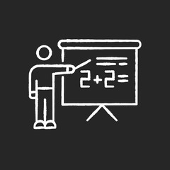 Tutor chalk white icon on black background. Freelancer, remote teacher. Online lessons and lectures. Home schooling, distant learning, training and education. Isolated vector chalkboard illustration