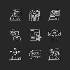 Freelance jobs chalk white icons set on black background. Creative design and translation, teaching and copywriting. Legal services and PR management. Isolated vector chalkboard illustrations