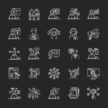 Freelance professions chalk white icons set on black background. Web development and graphic designing. Branding and HR management, data entry jobs. Isolated vector chalkboard illustrations