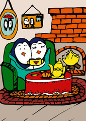 Rastr artwork of cartoon of penguin couple sitting together indoors with tea near fireplace
