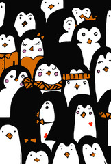 Rastr illustration of many of penguins. Cartoon artwork