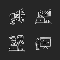 Freelance professions chalk white icons set on black background. Marketologist and social media coordinator. Business promotion and home education. Isolated vector chalkboard illustrations
