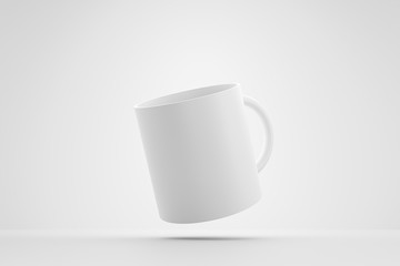 Classic white mug and front view levitation on white background with blank template mockup style. Empty cup or drink mug. 3D rendering.