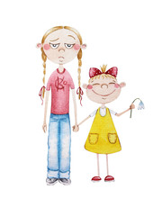 Two sisters hold hands. Watercolor.
