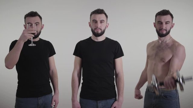 Triple image of young man choosing between healthy and unhealthy lifestyle. Handsome brunette guy looking at reflections of individuality that drink wine and pump muscles. Challenge, lifestyle.