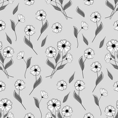 Fototapeta na wymiar Seamless pattern with white flowers on gray background. Vector illustration