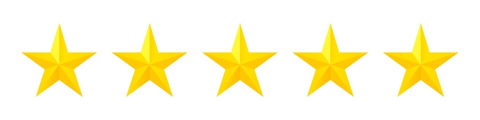 Five stars. Vector isolated icon. Classic rank concept. Customer product rating review. Customer service rating.