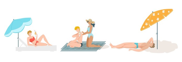 Naklejka premium People on beach sunbathing set, summer vacation at sea cartoon isolated on white vector illustration. Woman and man in swim suit under sun umnrella, girl putting lotion on boyfriend for sunbath.