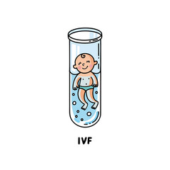 IVF, In vitro fertilization. Vector linear flat illustration. Baby boy embryo floats in a test tube. Outline logo for Infertility Clinic, IVF Center. Infertile couple, fertility problem.