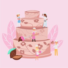 Cooking cake with chocolate cream and micro people cookers with confectionery tools sweet dessert cartoon vector illlustration. Cook for holiday event organization service or confectioner business.