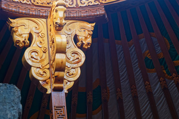 Wodden horses head as a decoration of a nice yurt in Mongolia