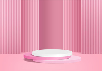 Background vector 3d pink rendering with podium and minimal pink wall scene, minimal abstract background 3d rendering abstract geometric shape pink pastel color. Stage for awards on website in modern.