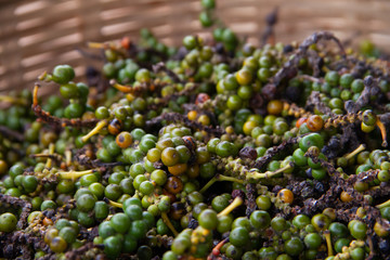 Basket with green and black peppercorns