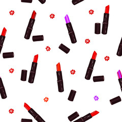 Seamless pattern. Lipsticks in different shades in cartoon style on a white background. For packaging design, wallpaper. Vector.