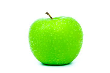 Green apple with drop water on white background
