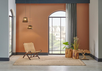 Brown living room and wall background with window view. Wicker chair and botanic plant style.