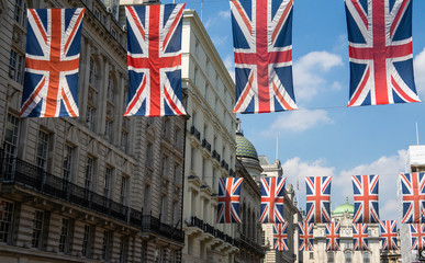 Fototapeta na wymiar Row of British Flags in London on Regent Street