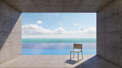 Fototapeta na wymiar Concrete balcony infinity edge pool with white chair,sea view at sunlight . 3D illustration