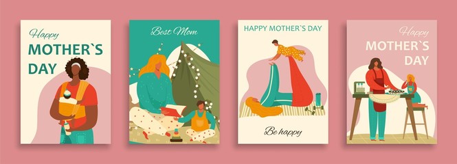 Fototapeta premium Happy mothers day banners set with mom and baby child, daughter, son cartoon vector illustration. Exercising mom, baby, feeding and playing with daughter before sleep, home motherhood concept.