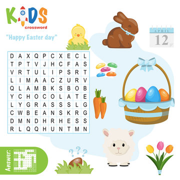 Easy word search crossword puzzle 'Happy Easter Day', for children in elementary and middle school. Fun way to practice language comprehension and expand vocabulary. Includes answers.