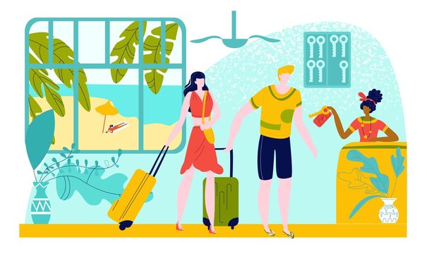 Hot tour travel for vacation holiday at summer, young couple man and woman at sea beach hotel counter taking key, tourism flat vector illustration. Tourists at tropical exotic island hotel.