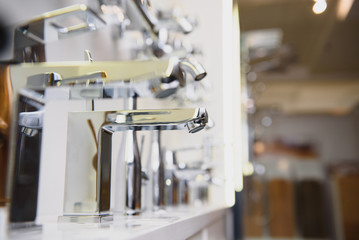 Water faucet, bathroom faucet and kitchen faucet. Chrome-plated metal.