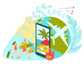 Hot tour travel for vacation holiday at summer, young couple man and woman in swimming suits and mobile app to buy tour to sea isolated flat vector illustration. Tourists at tropical exotic island.