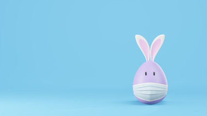 Easter eggs with rabbit ears are wearing masks. Image showing that the coronavirus is affecting Easter. 3D rendering.