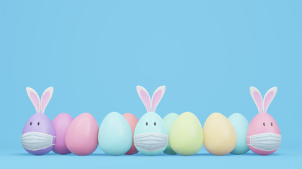 Collorful Easter egg that wearing rabbit ears and mask are lined. Image showing that the coronavirus is affecting Easter. 3D rendering.