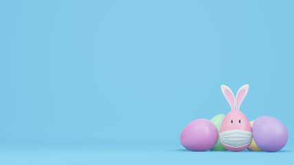 Easter eggs with rabbit ears are wearing masks. Image showing that the coronavirus is affecting Easter. 3D rendering.